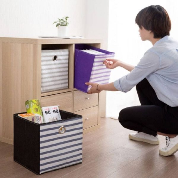 Caja de almacenamiento de tela a rayas alta - Imagen 3