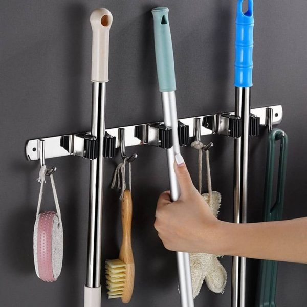 Soporte para escoba de pared acero inoxidable con ganchos