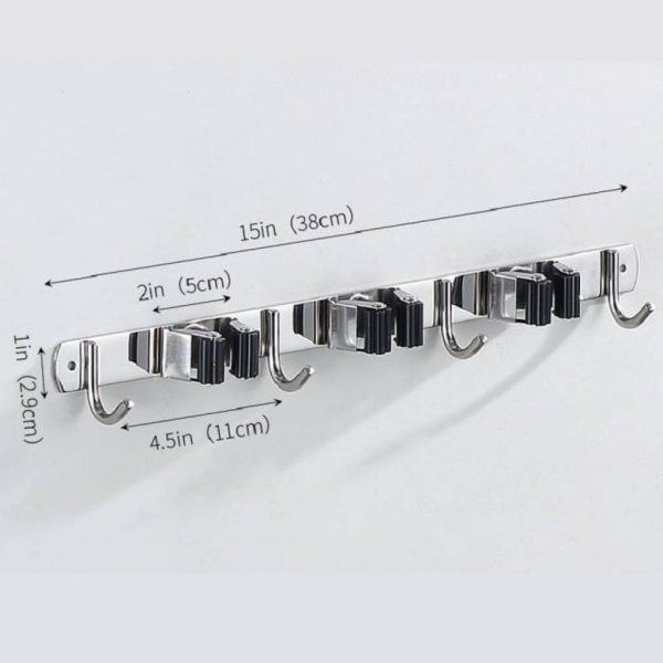 Soporte para escoba de pared acero inoxidable con ganchos - Imagen 6