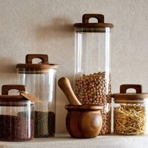 Contenedor de vidrio tapa madera con manija