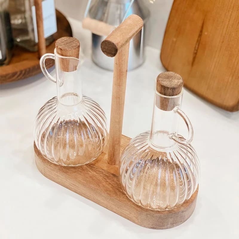 Set 2 aceiteras vidrio madera