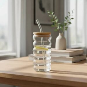 Vaso Vidrio Con Tapa Bambu Y Sorbete De Vidrio Alto