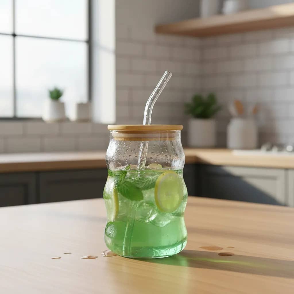 Vaso de vidrio con tapa de bambú y sorbito de vidrio