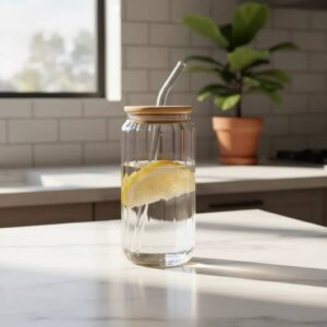 Vaso de vidrio acanalado con tapa madera y sorbito 500ml