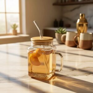 Vaso de vidrio con tapa madera y sorbito efecto espejado