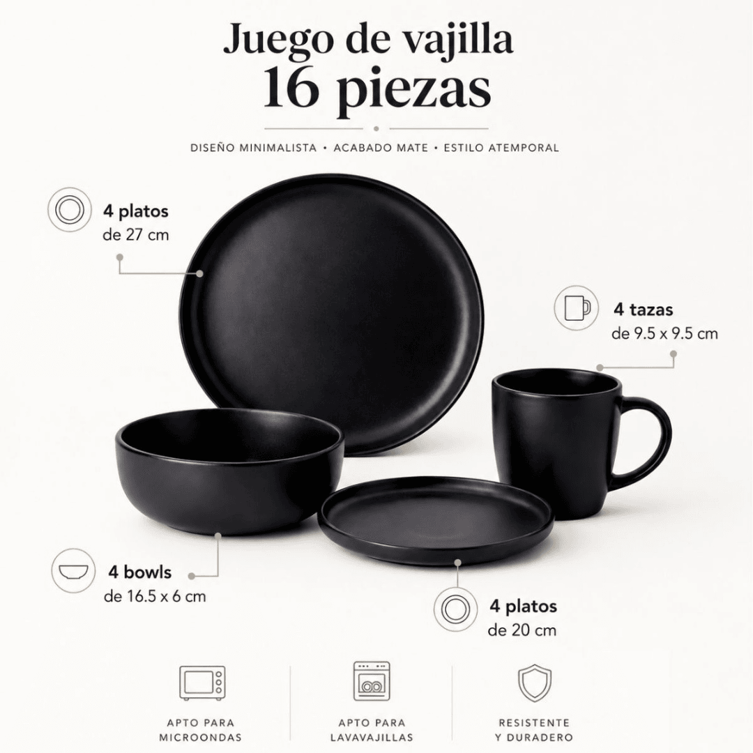 Juego de vajilla cerámica 16 piezas negro - Imagen 3
