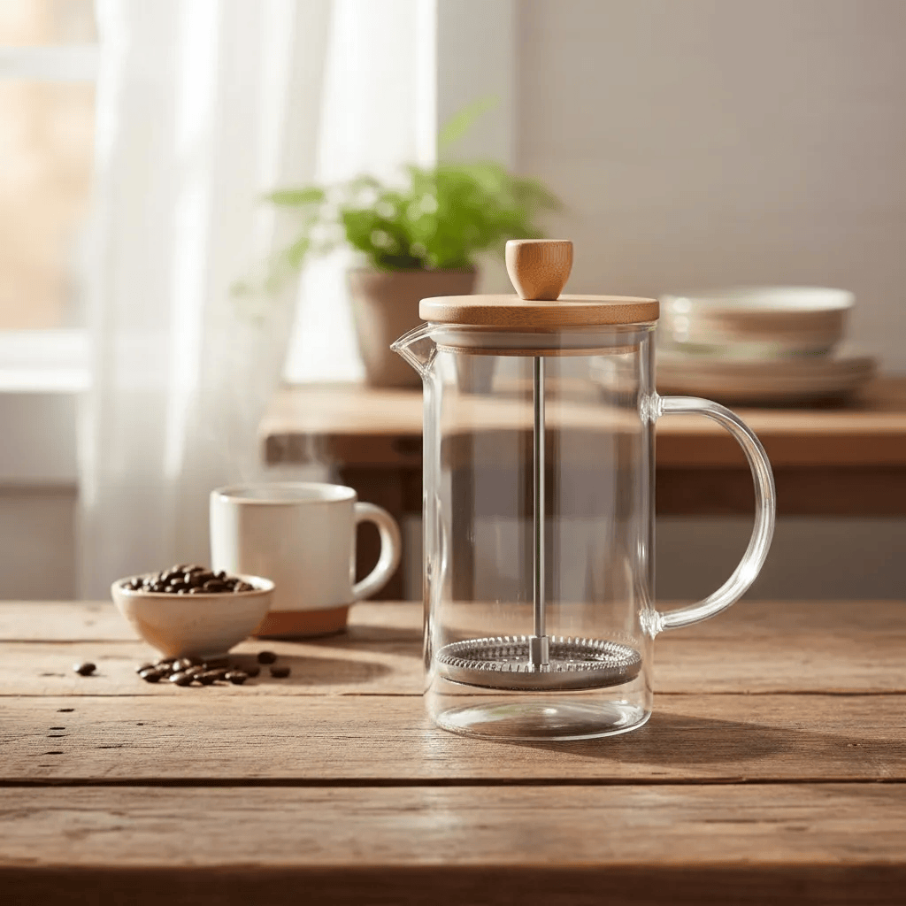 Cafetera Prensa Francesa Vidrio Y Bambú