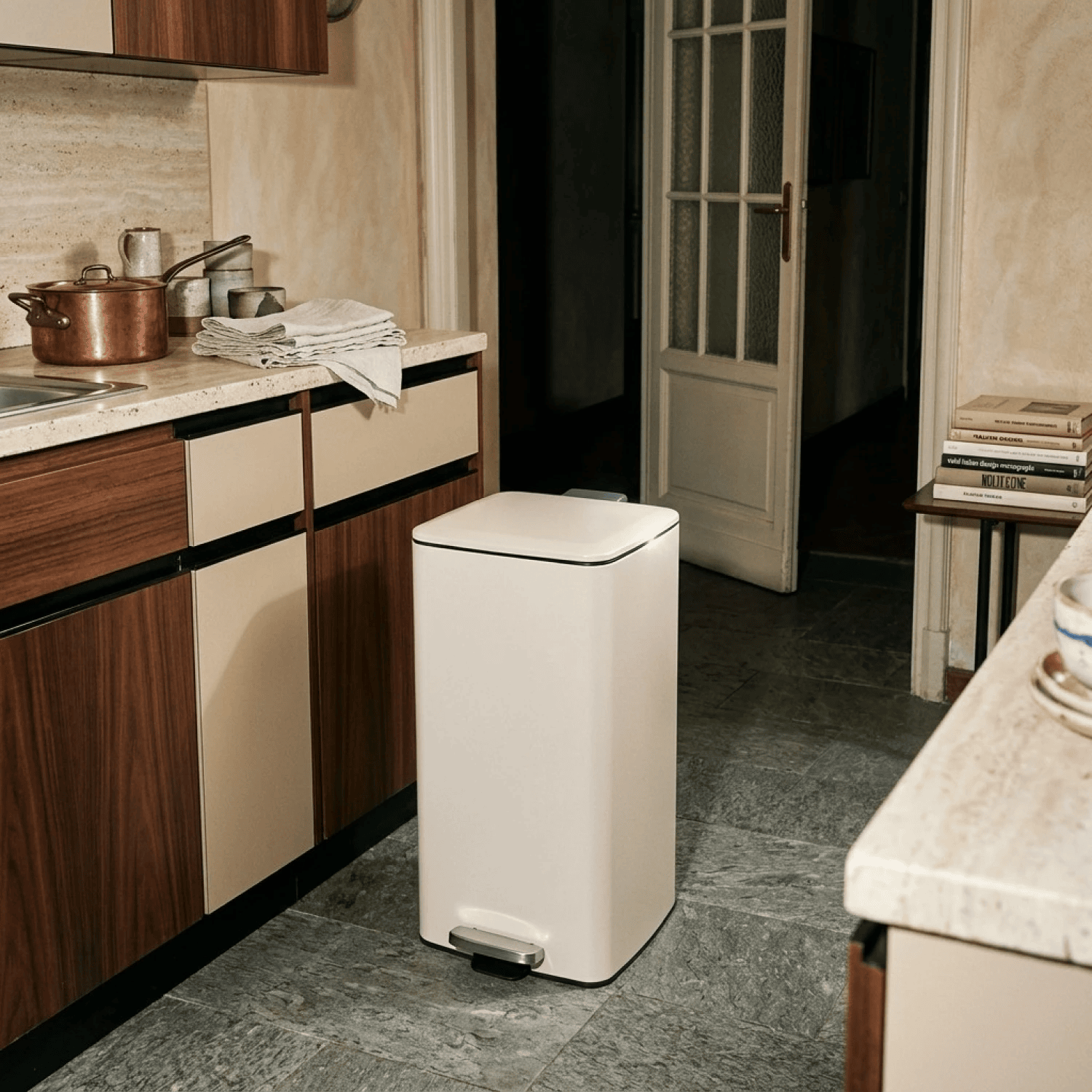 Tacho cesto de basura 30L cuadrado con tapa a pedal - beige - Imagen 2