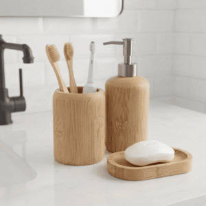 Set accesorios de baño de bambú con dispensador