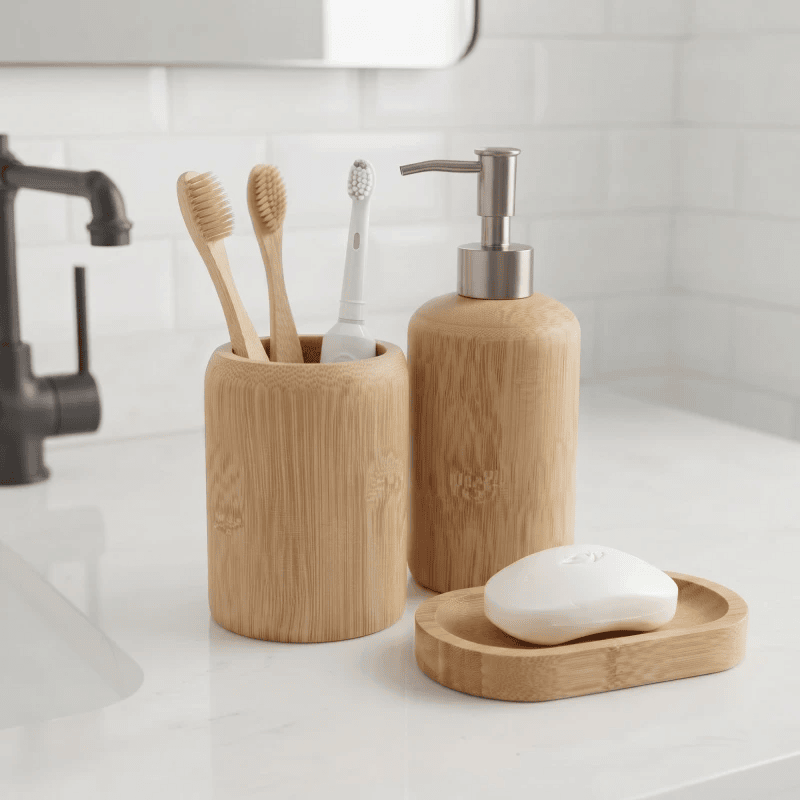 Set accesorios de baño de bambú con dispensador