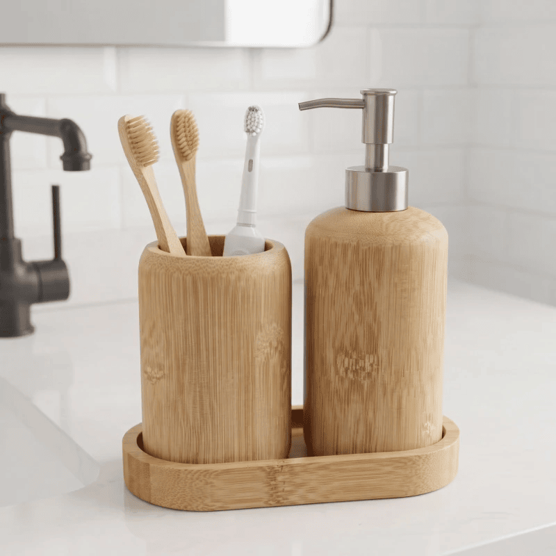 Set accesorios de baño de bambú con dispensador - Imagen 2