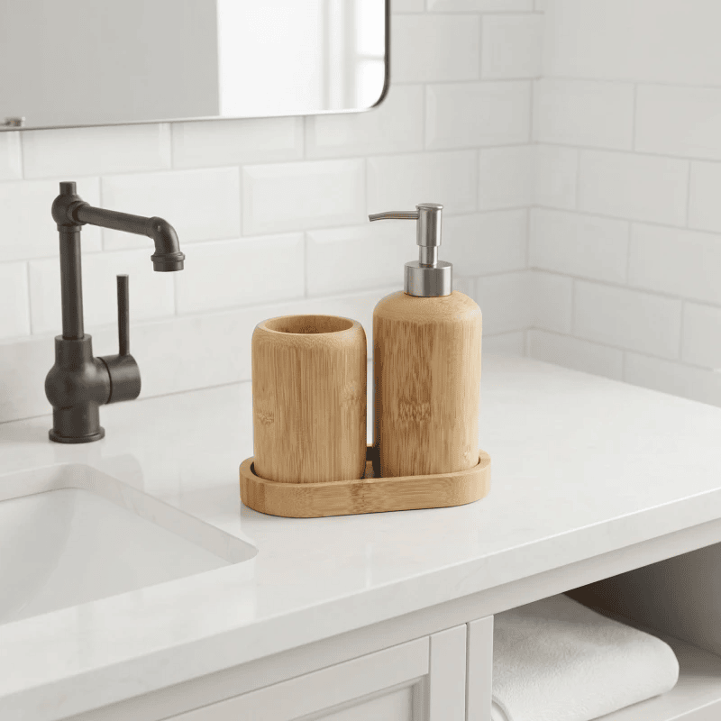 Set accesorios de baño de bambú con dispensador - Imagen 3